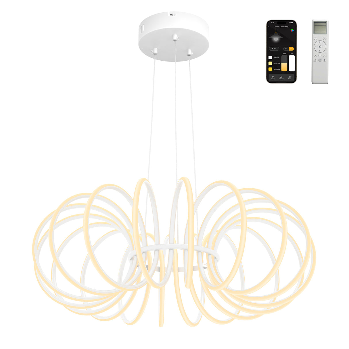 glasvilla Lampadario a Sospensione 120W, Lampada in Alluminio con Filo 100 CM, Altezza Regolabile, Lampada da Soffitto a Sospensione per Camera da Letto e Soggiorno, 61cm, Bianco Sabbia, Nuvora05