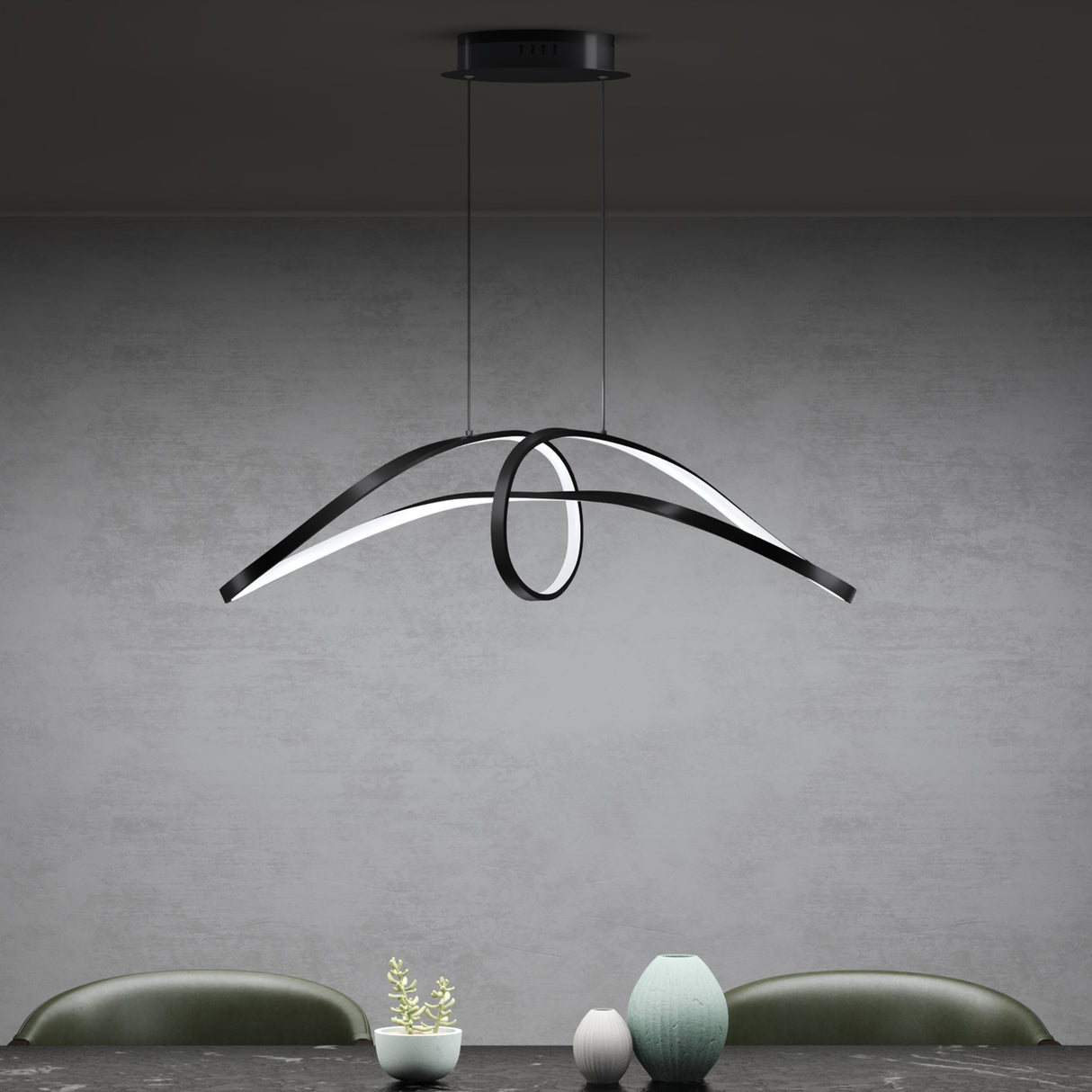 Suspension Glasvilla 90 cm, lampe LED suspendue, design ondulé dynamique, température de couleur réglable 3000K/4000K/6000K, câble 30W, noire, idéale pour salle à manger, salon ou chambre.