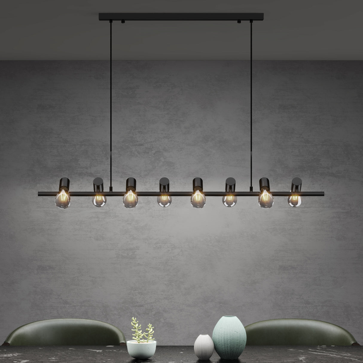 Glasvilla Design – Lámpara colgante LED negra 120 cm con 8 luces E27, cable ajustable (4000K)