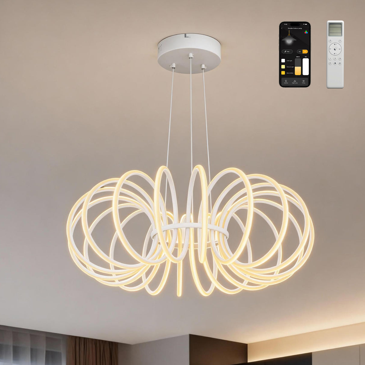 glasvilla Lampadario a Sospensione 120W, Lampada in Alluminio con Filo 100 CM, Altezza Regolabile, Lampada da Soffitto a Sospensione per Camera da Letto e Soggiorno, 61cm, Bianco Sabbia, Nuvora05