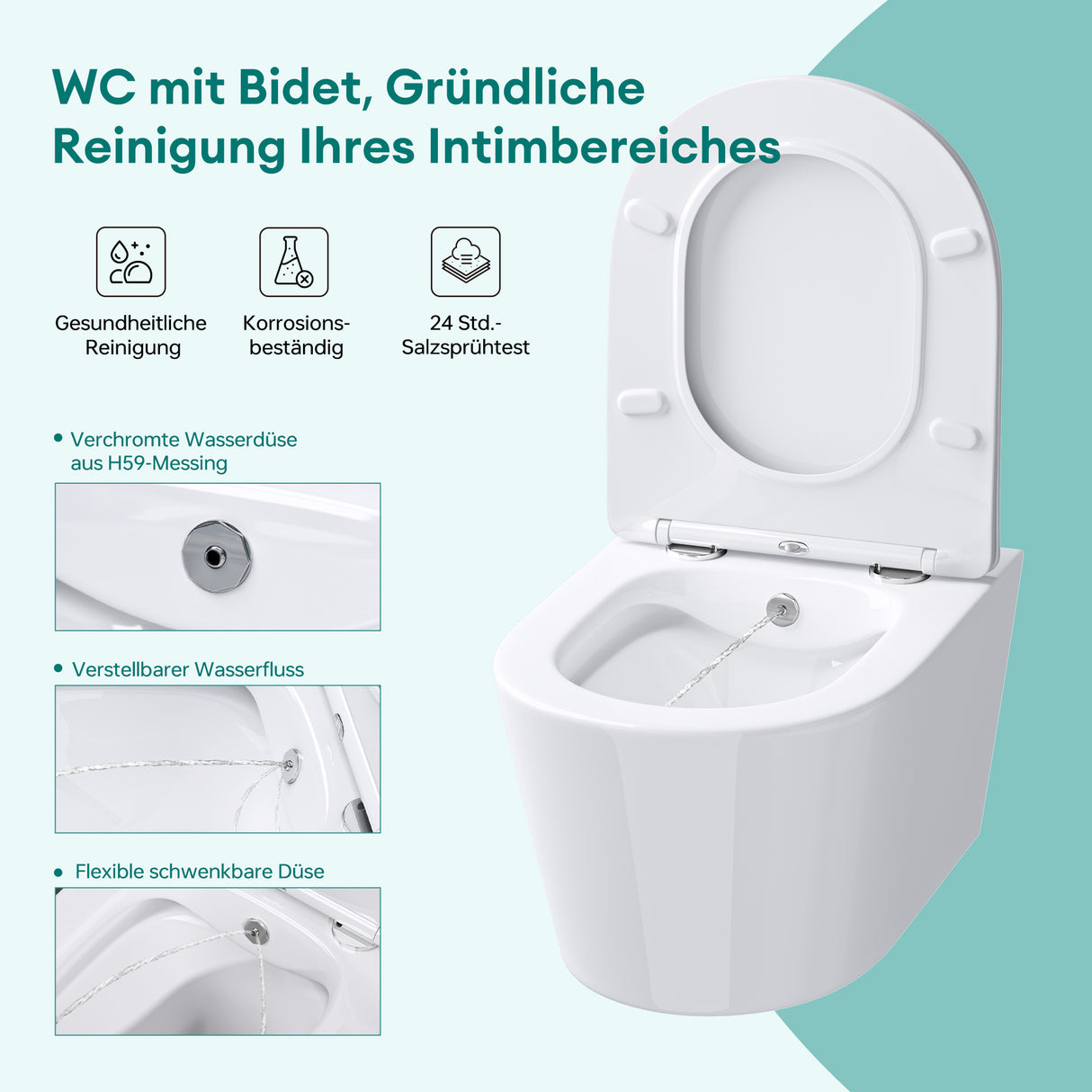 Glasvilla Design – Inodoro suspendido sin reborde en cerámica blanca con asiento Soft-Close