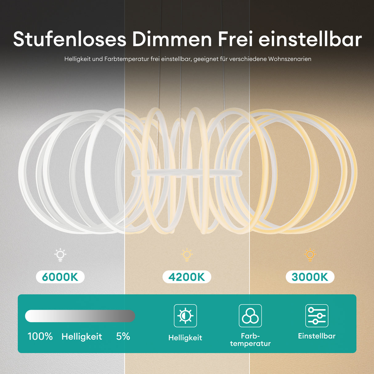 glasvilla Lampadario a Sospensione 120W, Lampada in Alluminio con Filo 100 CM, Altezza Regolabile, Lampada da Soffitto a Sospensione per Camera da Letto e Soggiorno, 61cm, Bianco Sabbia, Nuvora05