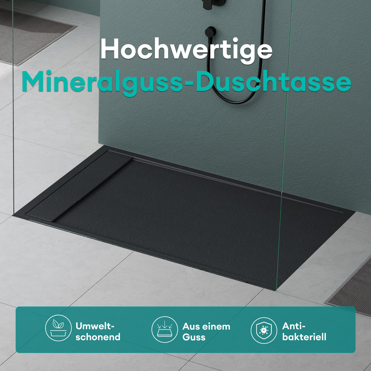 Receveur de douche Glasvilla en matériau minéral moulé, raccords DIN Geoma10