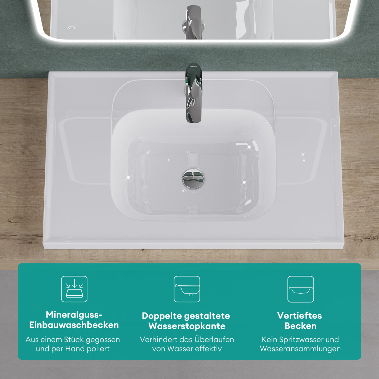 Lavabo encastré Glasvilla blanc brillant, meuble vasque rectangulaire en fonte minérale Col3601