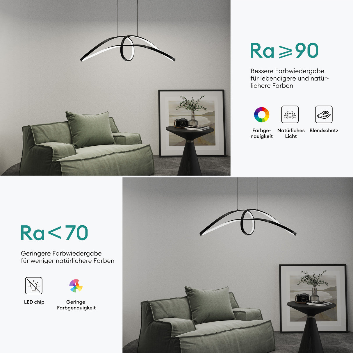 Suspension Glasvilla 90 cm, lampe LED suspendue, design ondulé dynamique, température de couleur réglable 3000K/4000K/6000K, câble 30W, noire, idéale pour salle à manger, salon ou chambre.