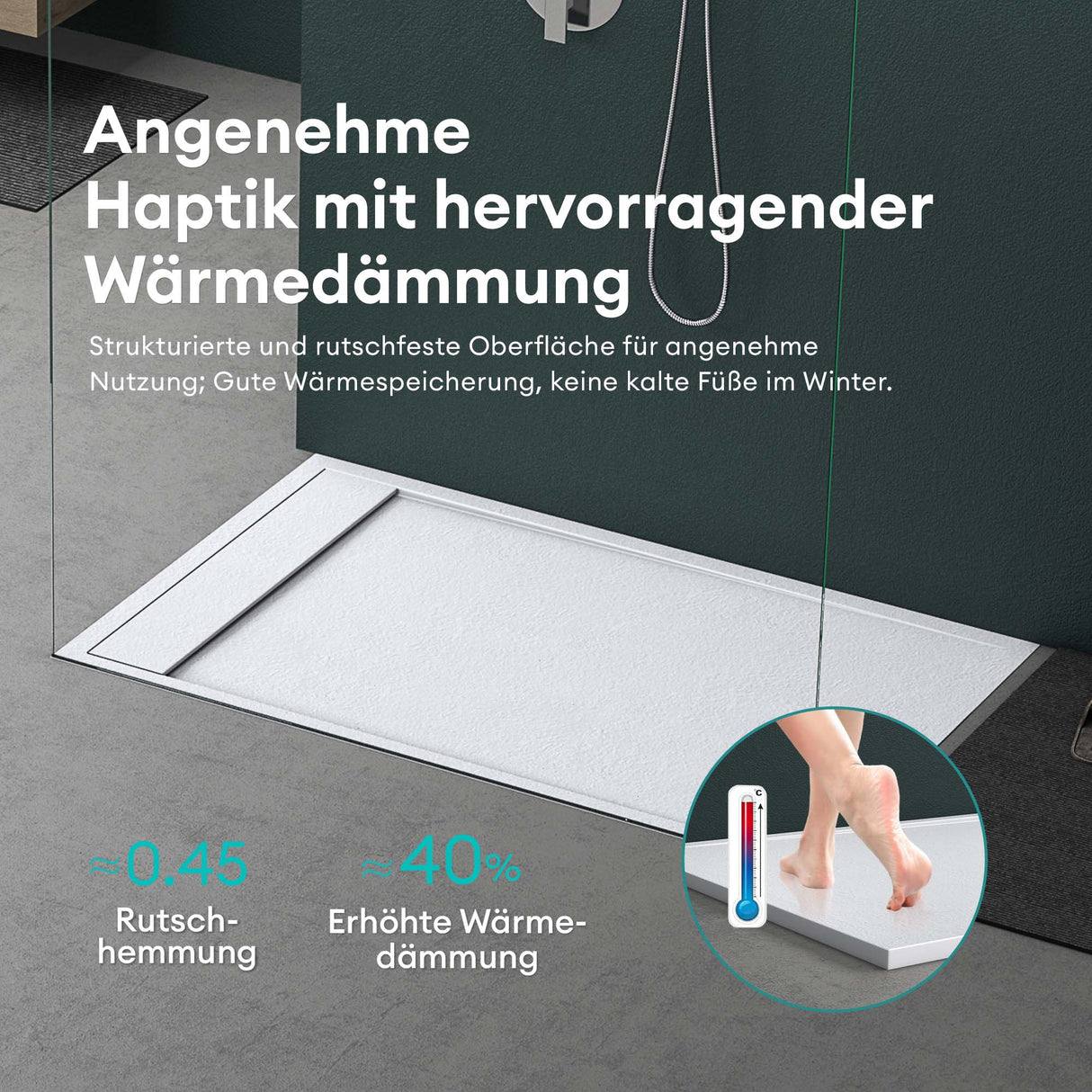 Receveur de douche Glasvilla en matériau minéral moulé, raccords DIN Geoma10