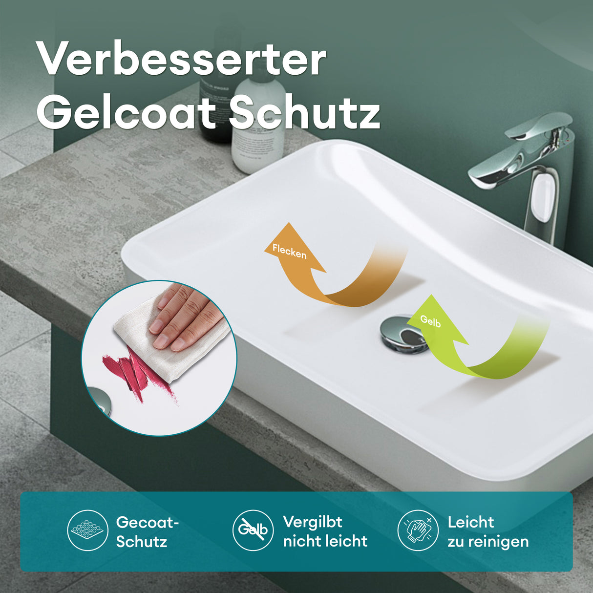 Vasque Glasvilla, vasque à poser en matériau minéral moulé, meuble-lavabo avec raccords DIN standard Col815