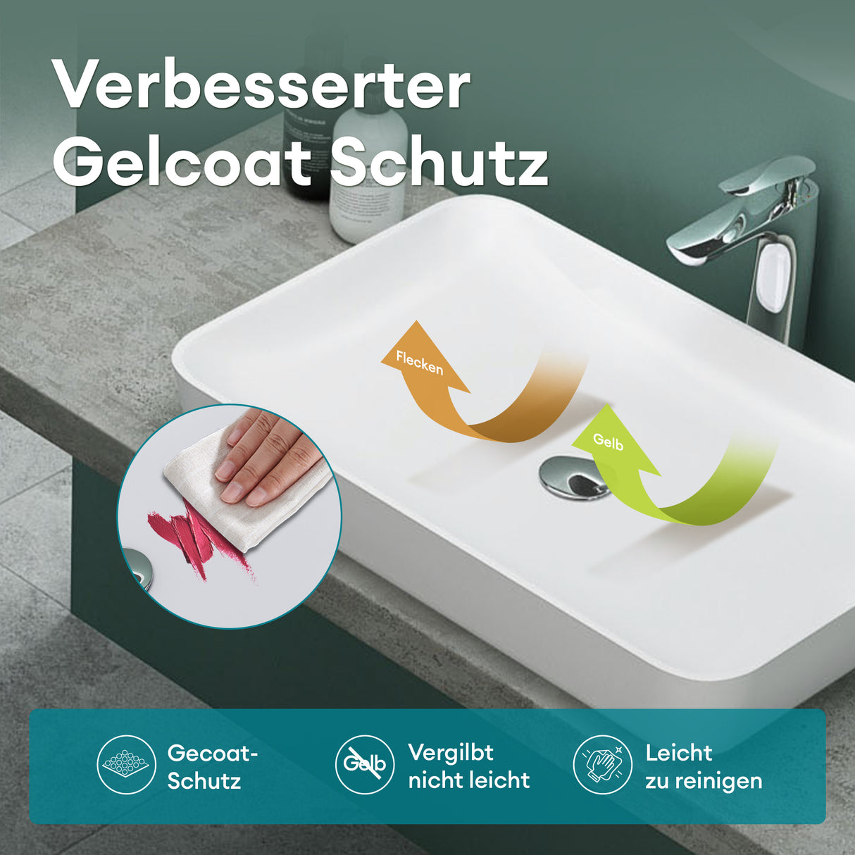 Vasque Glasvilla, vasque à poser en matériau minéral moulé, meuble-lavabo avec raccords DIN standard Col815