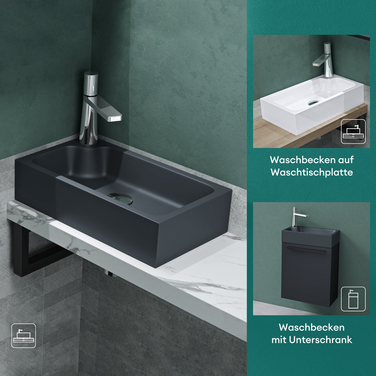 glasvilla Lavabo de invitados WC Lavabo de encimera con orificio para grifo 46x26x11cm Mineralguss Cuadrado Pequeño Cuenco de lavabo Espacio de lavabo Col101