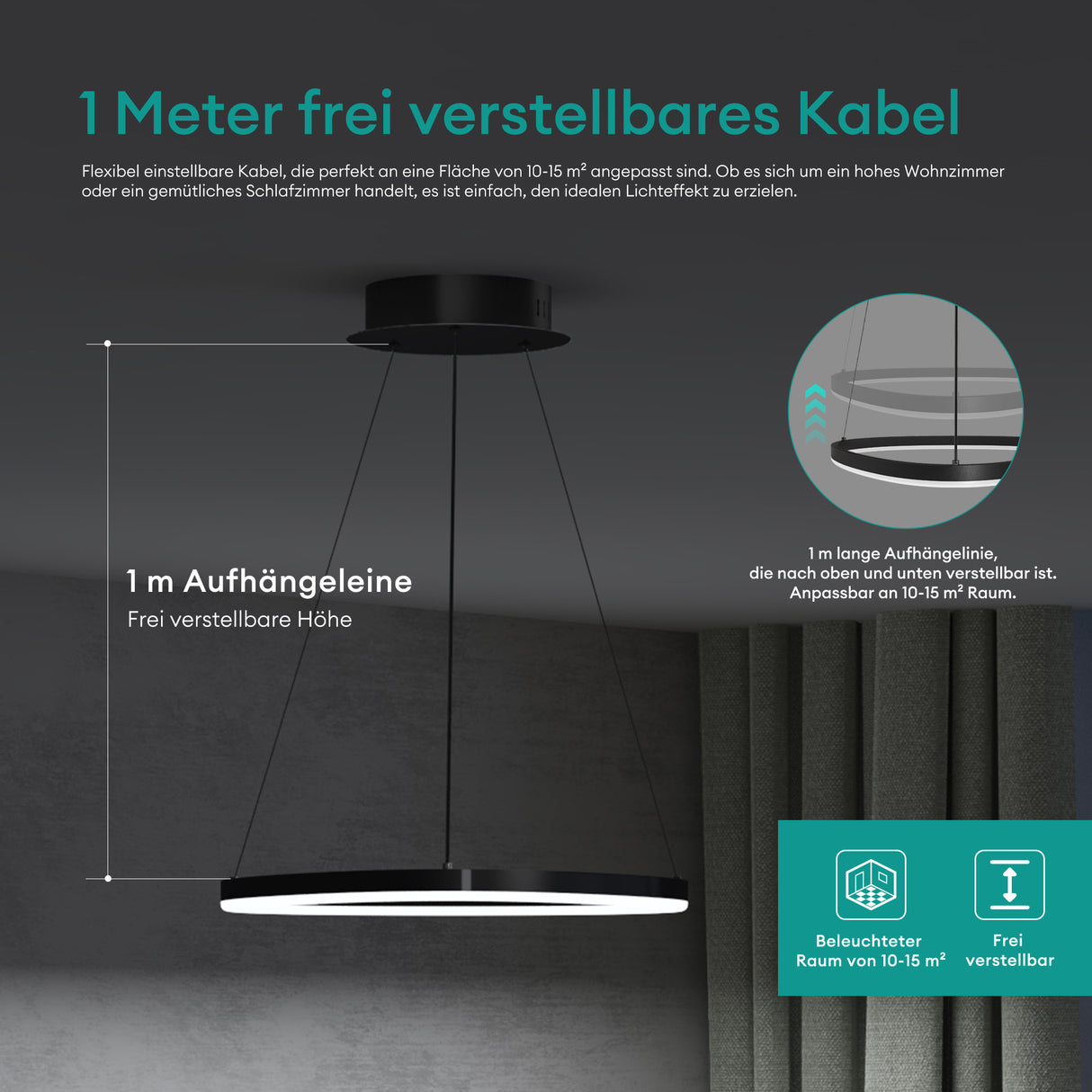 Suspension Glasvilla 50 cm, lampe LED suspendue, design ondulé dynamique, température de couleur réglable 3000K/4000K/6000K, câble 16W, idéale pour salle à manger, salon ou chambre.