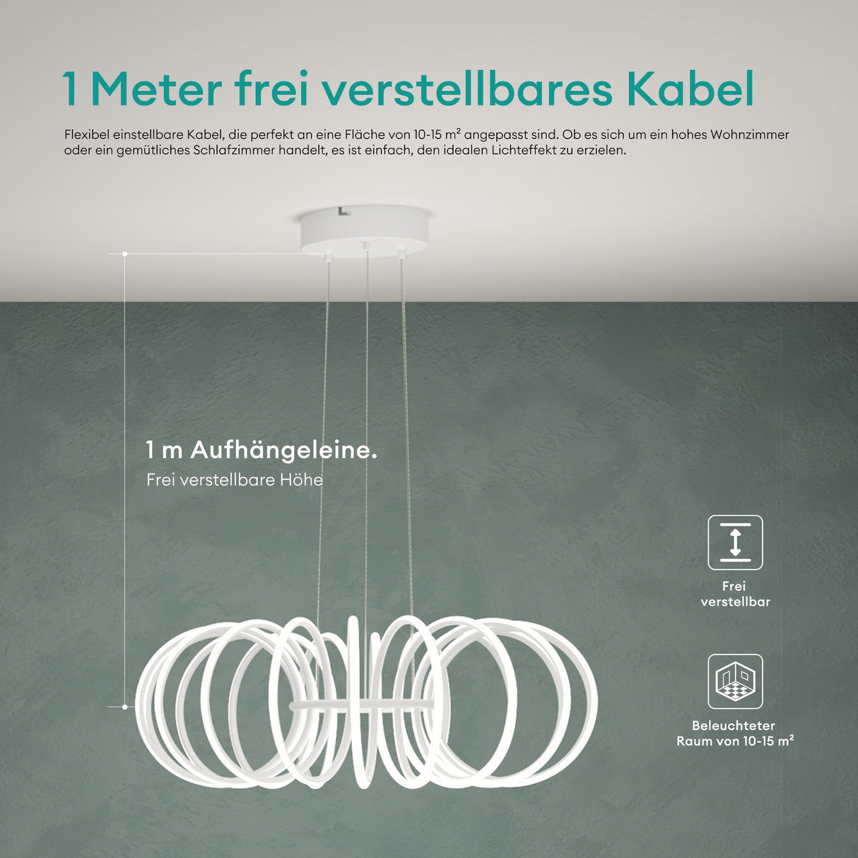 glasvilla Lampadario a Sospensione 120W, Lampada in Alluminio con Filo 100 CM, Altezza Regolabile, Lampada da Soffitto a Sospensione per Camera da Letto e Soggiorno, 61cm, Bianco Sabbia, Nuvora05