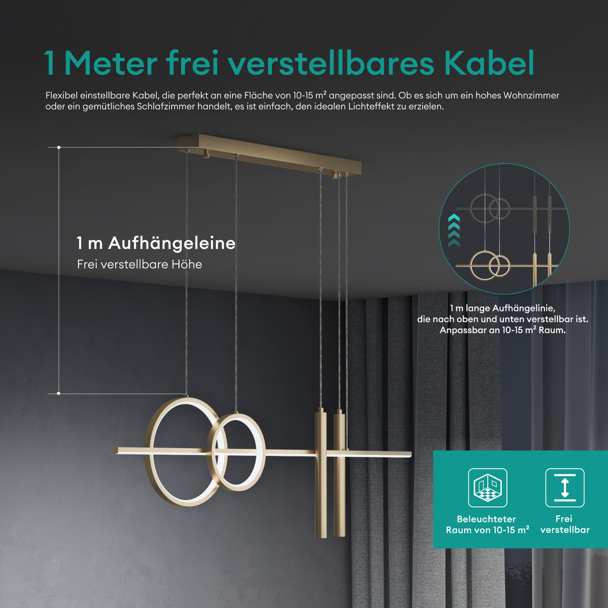 Suspension Glasvilla 100 cm, lampe LED suspendue, design linéaire, 3000K/4000K/6000K, câble réglable, 38W, idéale pour salle à manger, salon ou chambre.