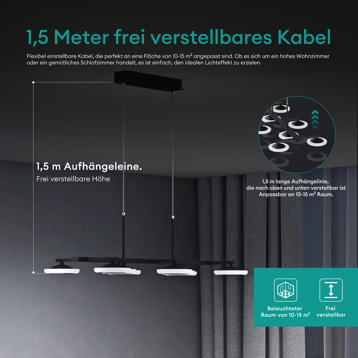 Suspension Glasvilla 72 cm, lampe LED dimmable avec télécommande, température de couleur 3000K/4000K/6000K, câble ajustable, 32 W, noir mat, idéale pour salle à manger, salon ou chambre.