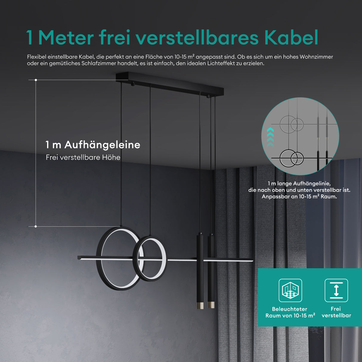 Suspension Glasvilla 100 cm, lampe LED suspendue, design linéaire, 3000K/4000K/6000K, câble réglable, 38W, idéale pour salle à manger, salon ou chambre.