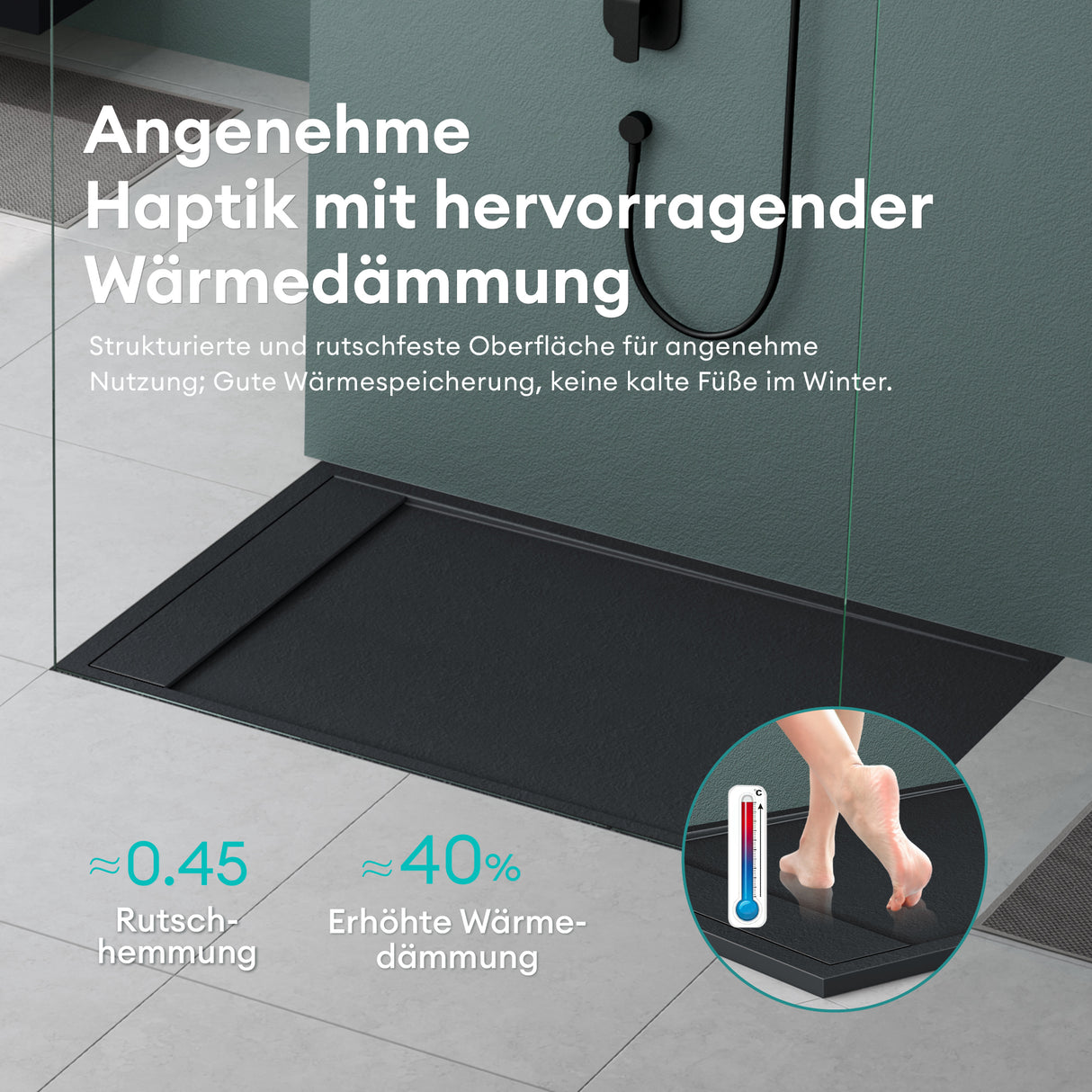 Receveur de douche Glasvilla en matériau minéral moulé, raccords DIN Geoma10