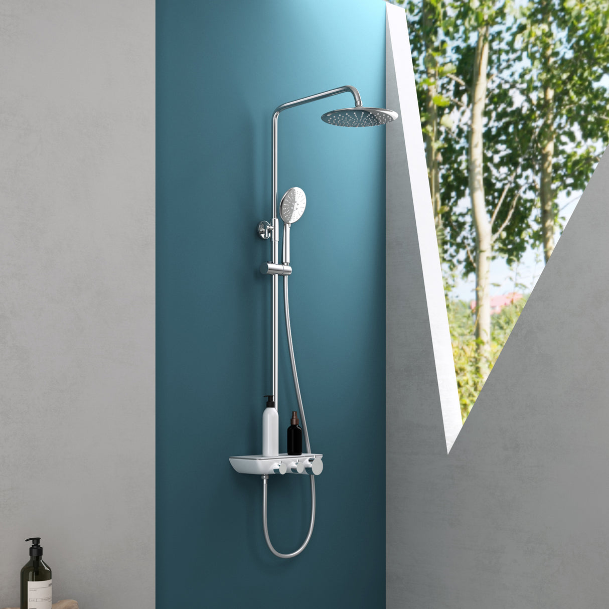 Système de douche Glasvilla avec douchette et pommeau de douche, douche de pluie, kit de fixation murale