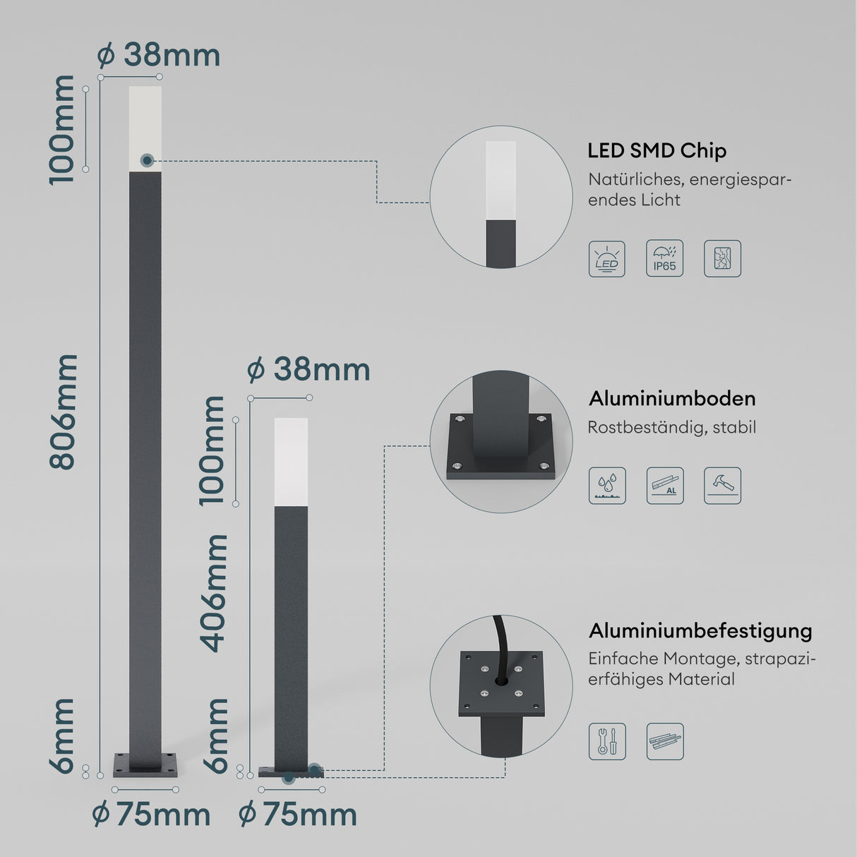 glasvilla Außenleuchte IP65 Wegeleuchte Außen | Pollerleuchte für Garten, 3000K Stehlampe Gartenlampe | Außenlampe Standleuchte 3W Deus Lumina