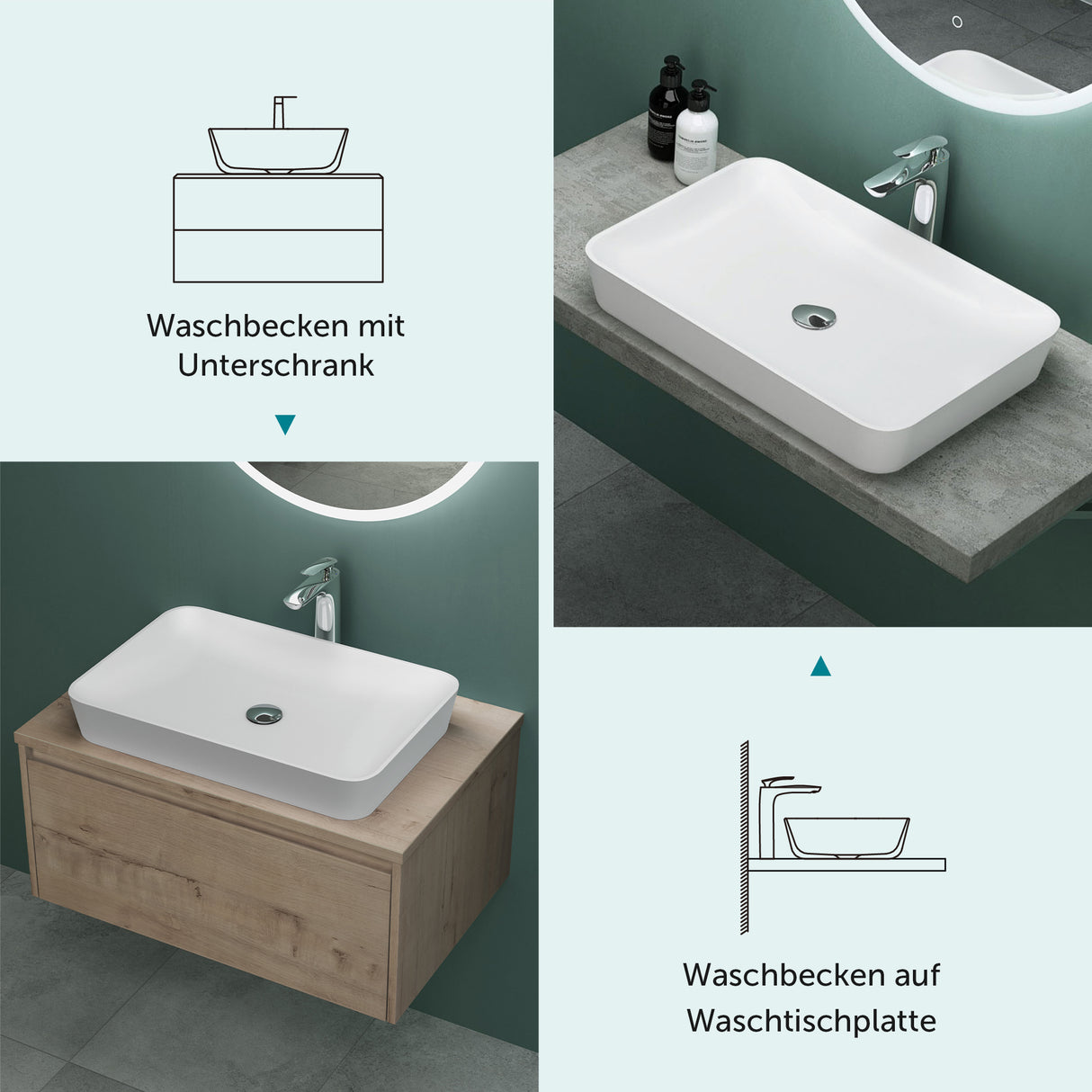 Vasque Glasvilla, vasque à poser en matériau minéral moulé, meuble-lavabo avec raccords DIN standard Col815