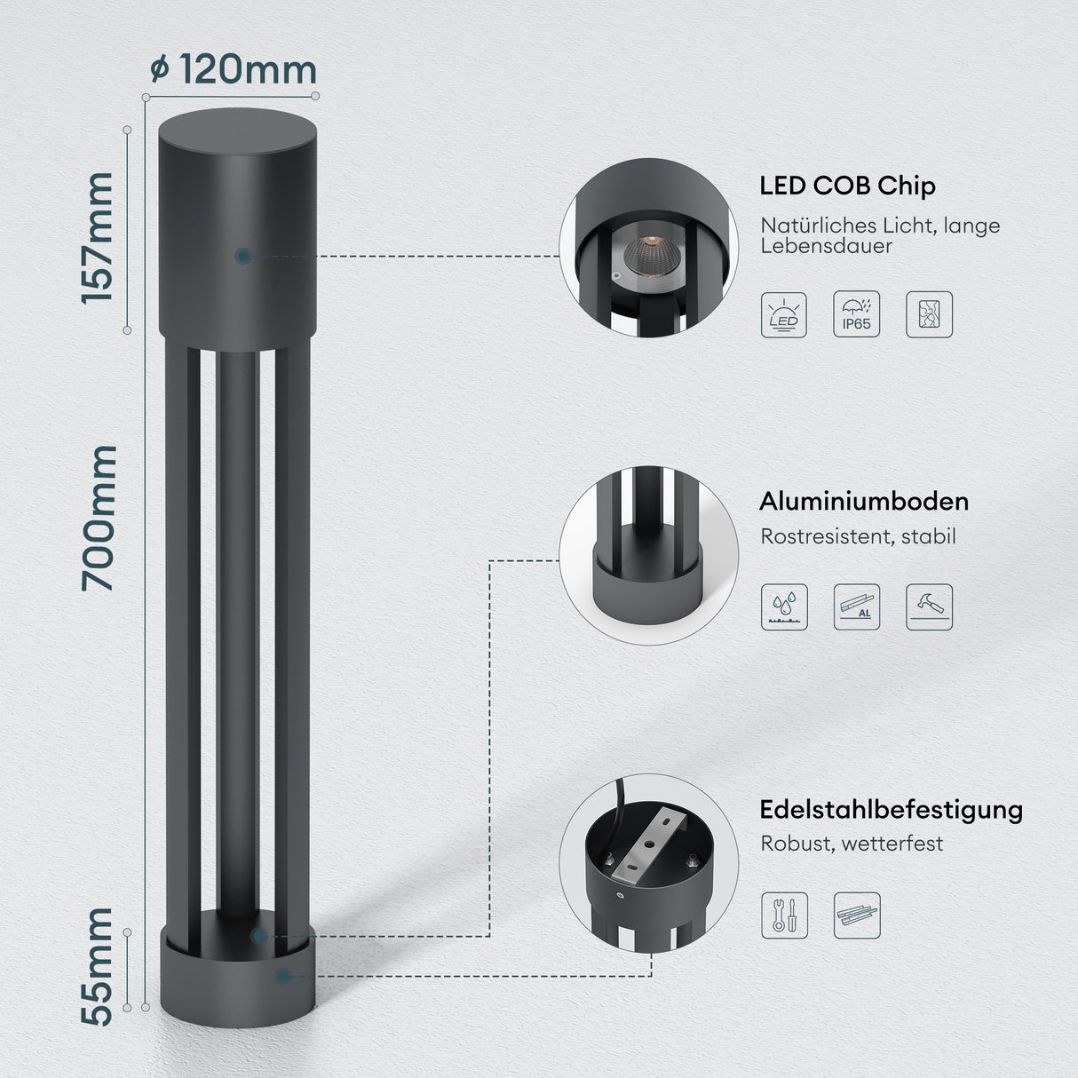 glasvilla Luminaire d’Extérieur ⌀120xH700mm IP65 | Borne et Lampadaire de Jardin 3000K | Éclairage de Chemin Extérieur 10W NeoForge