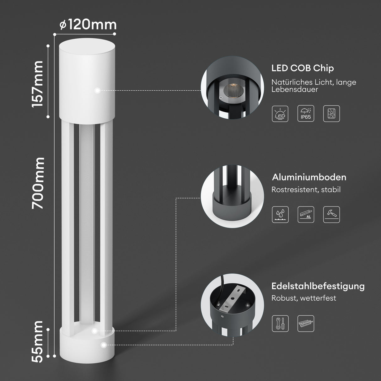 glasvilla Luminaire d’Extérieur ⌀120xH700mm IP65 | Borne et Lampadaire de Jardin 3000K | Éclairage de Chemin Extérieur 10W NeoForge