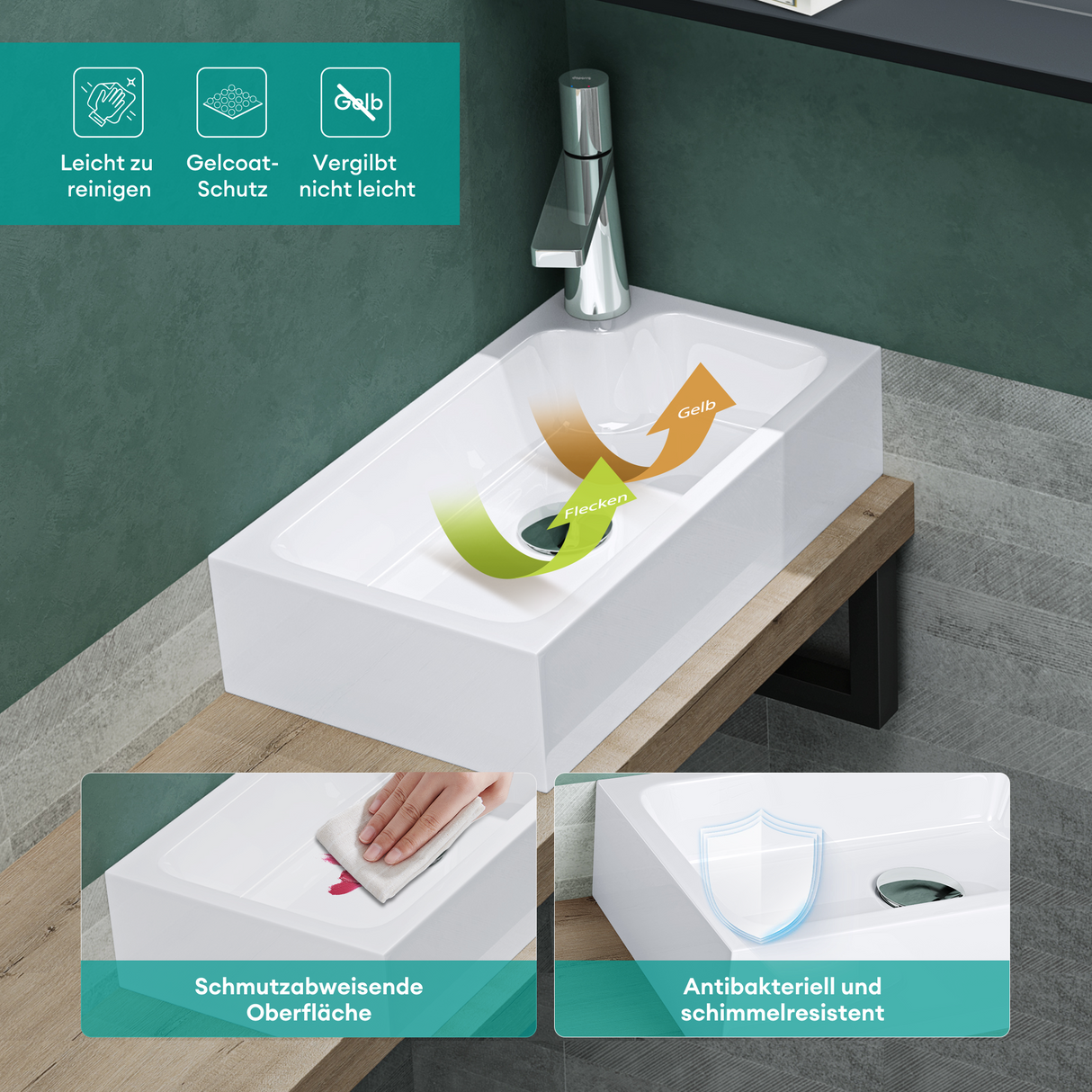 glasvilla Lavabo de invitados WC Lavabo de encimera con orificio para grifo 46x26x11cm Mineralguss Cuadrado Pequeño Cuenco de lavabo Espacio de lavabo Col101