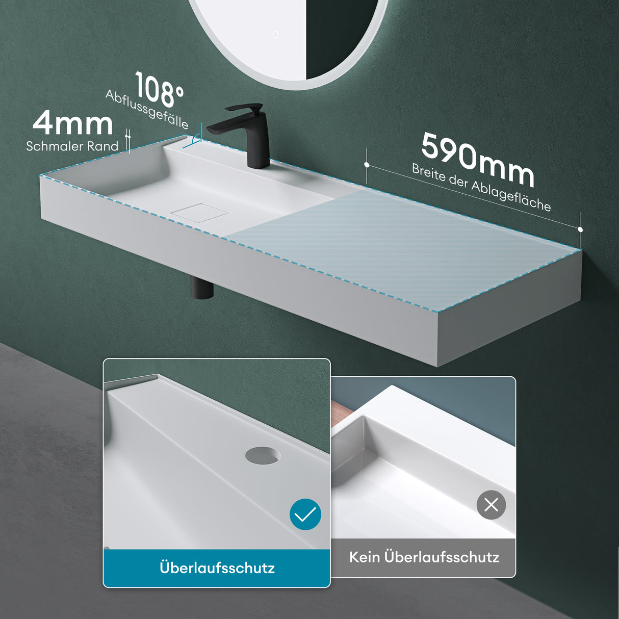 Lavabo Glasvilla, lavabo à poser, lavabo suspendu, en fonte minérale, rectangulaire, meuble-lavabo Col630