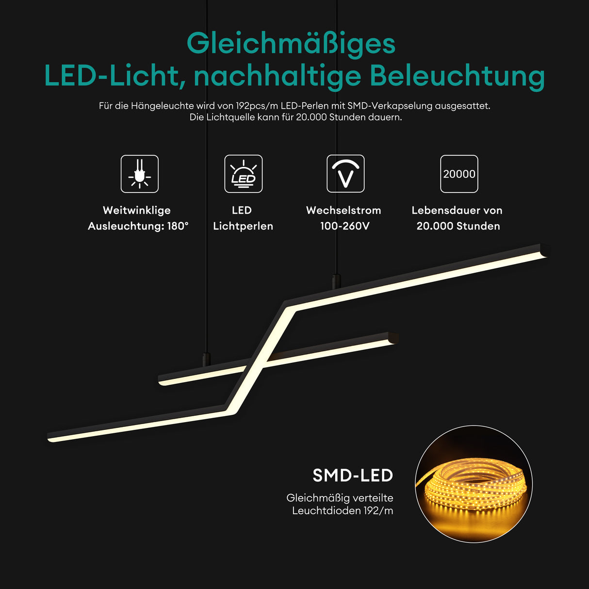 Suspension Glasvilla 105 cm, lampe LED suspendue au design linéaire, 3000K/4000K/6000K, câble réglable, 18 W, idéale pour salle à manger, salon ou chambre.
