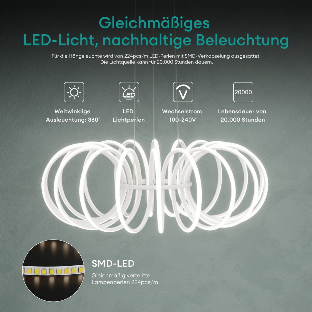 glasvilla Lampadario a Sospensione 120W, Lampada in Alluminio con Filo 100 CM, Altezza Regolabile, Lampada da Soffitto a Sospensione per Camera da Letto e Soggiorno, 61cm, Bianco Sabbia, Nuvora05