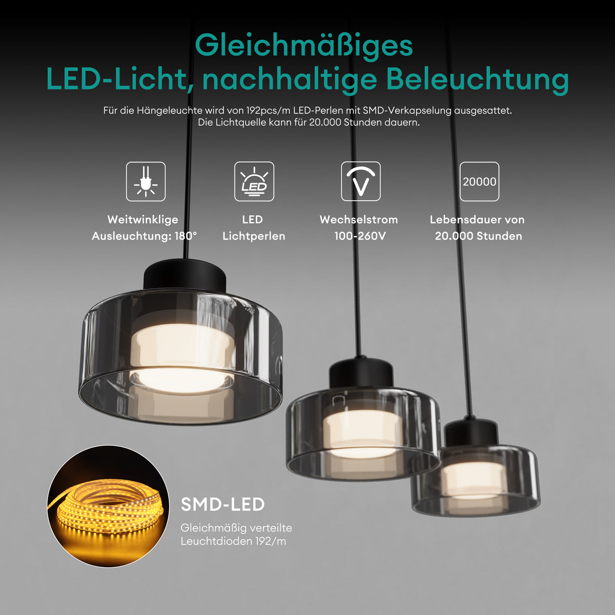 glasvilla Lampadario a Sospensione Temperature di Colore 3000K/4000K/6000K Lampada da Soffitto a Sospensione con Cavo Regolabile per Sala da Pranzo, Camera da Letto e Soggiorno