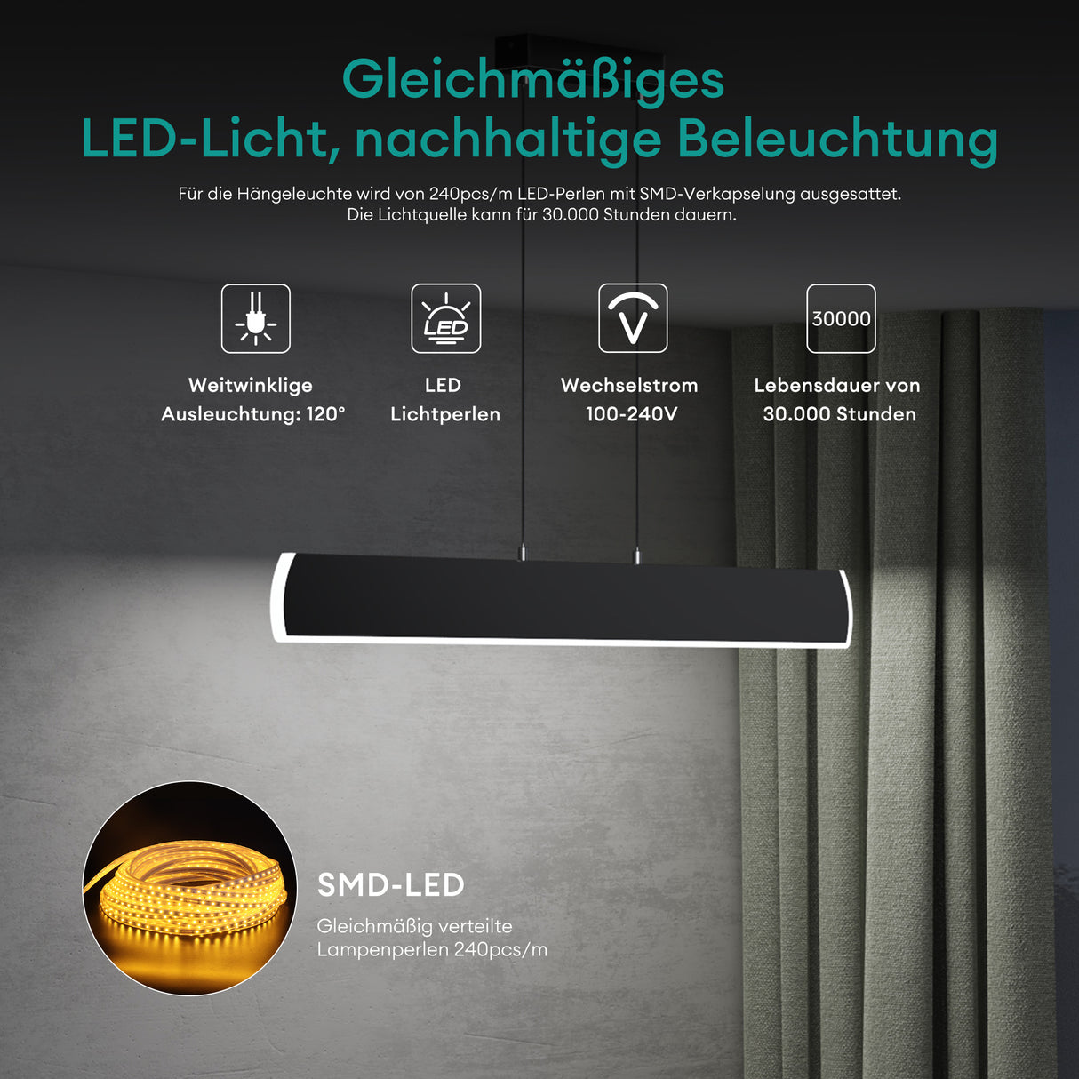 Suspension Glasvilla 100 cm, lampe LED dimmable avec télécommande, température de couleur 3000K/4000K/6000K, câble ajustable, 20 W, idéale pour salle à manger, salon ou chambre.