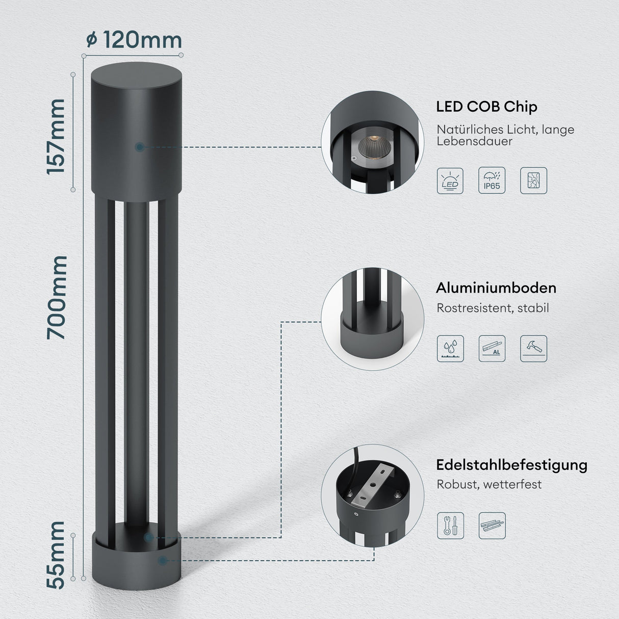 glasvilla Luminaire d’Extérieur ⌀120xH700mm IP65 | Borne et Lampadaire de Jardin 3000K | Éclairage de Chemin Extérieur 10W NeoForge
