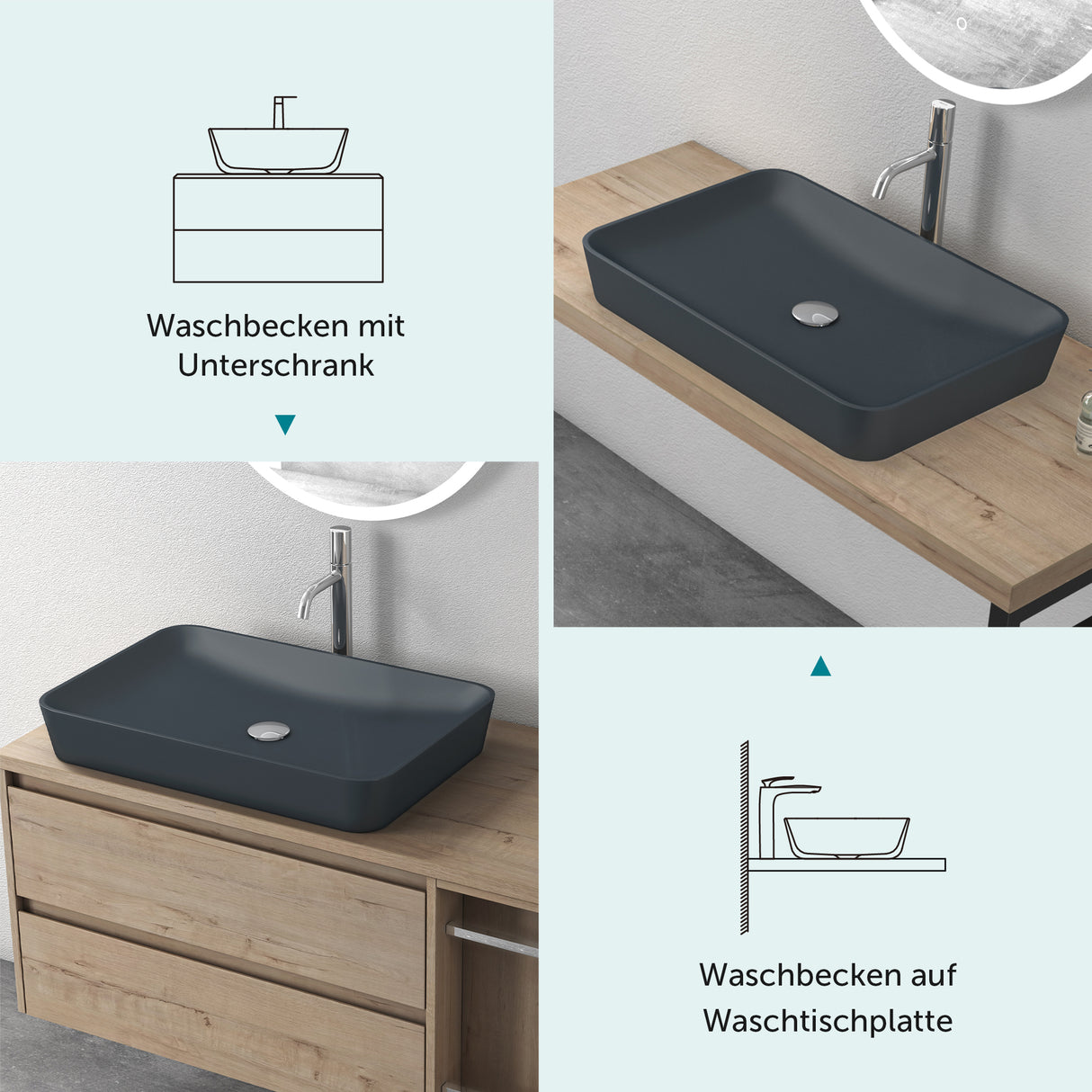 Vasque Glasvilla, vasque à poser en matériau minéral moulé, meuble-lavabo avec raccords DIN standard Col815