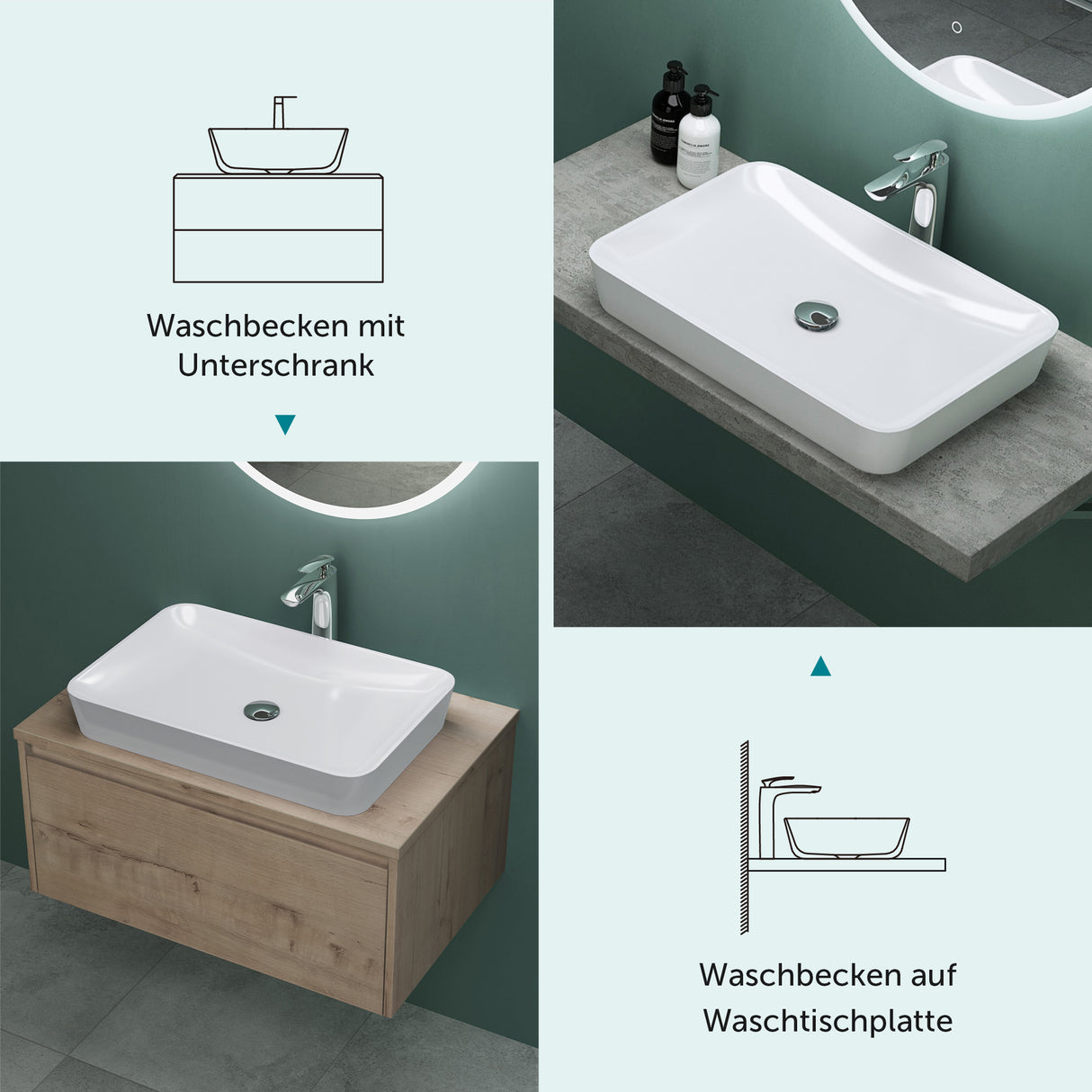 Vasque Glasvilla, vasque à poser en matériau minéral moulé, meuble-lavabo avec raccords DIN standard Col815