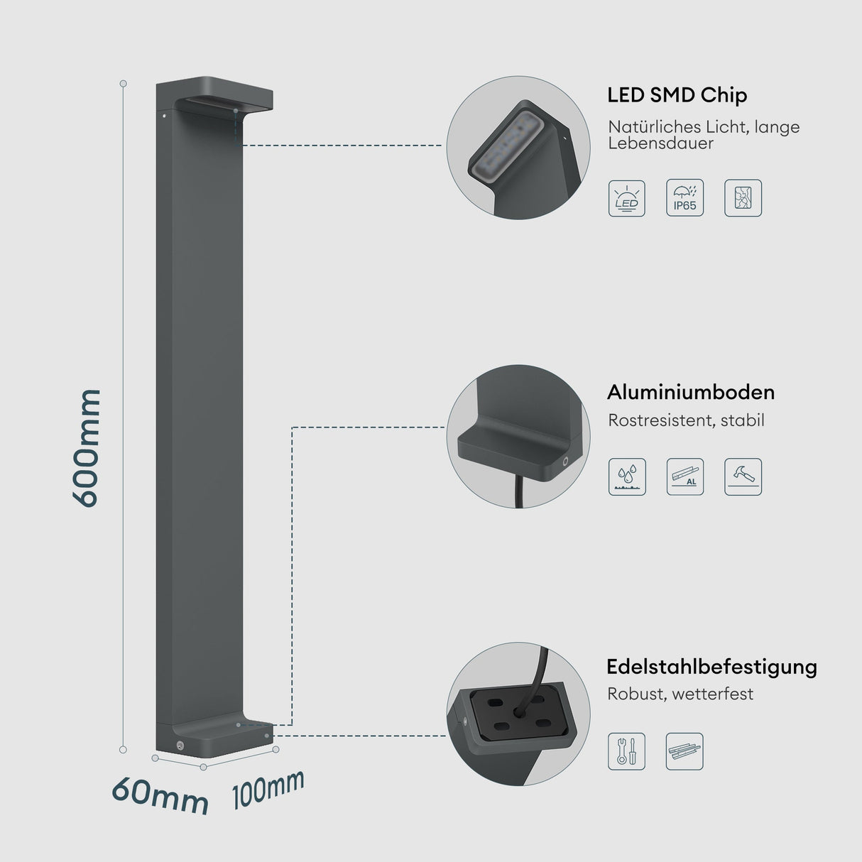 glasvilla Lampe d’Extérieur 10x6x60cm IP65 | Éclairage de Chemin Extérieur | Borne Lumineuse pour Jardin, Lampadaire 3000K | Lampadaire d’Extérieur 6W LumaTorch
