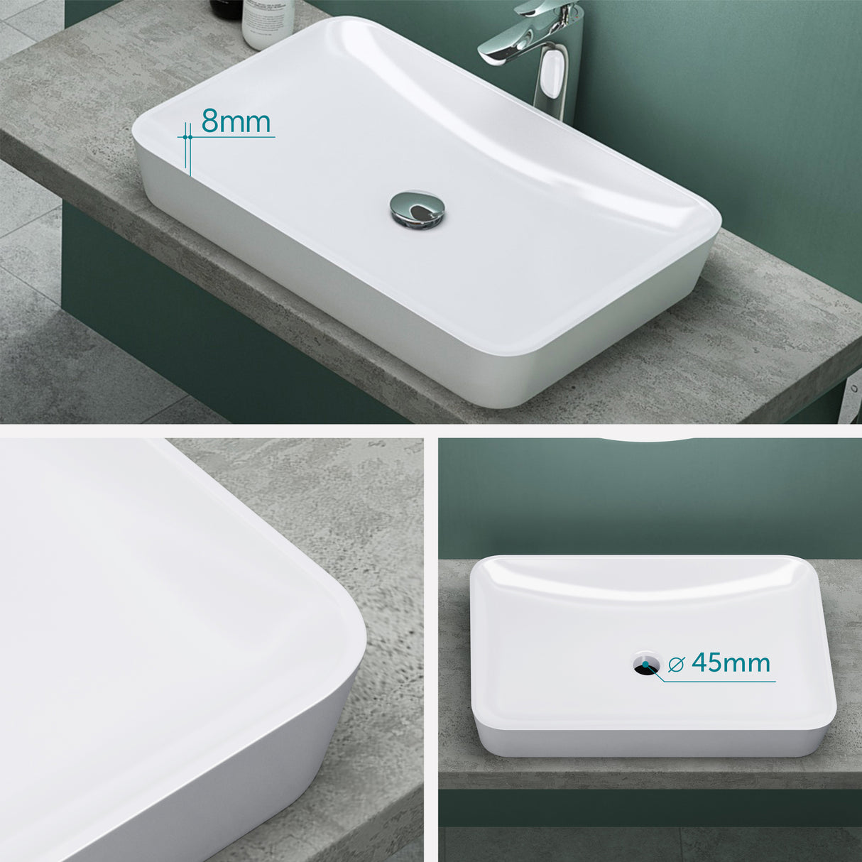 Vasque Glasvilla, vasque à poser en matériau minéral moulé, meuble-lavabo avec raccords DIN standard Col815