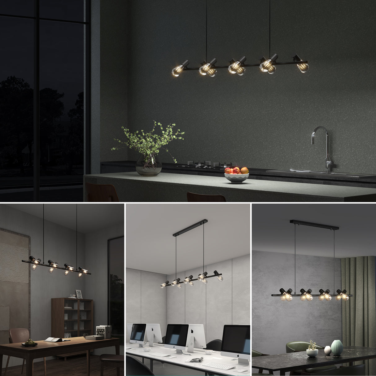 Glasvilla Design – Lámpara colgante LED negra 120 cm con 8 luces E27, cable ajustable (4000K)