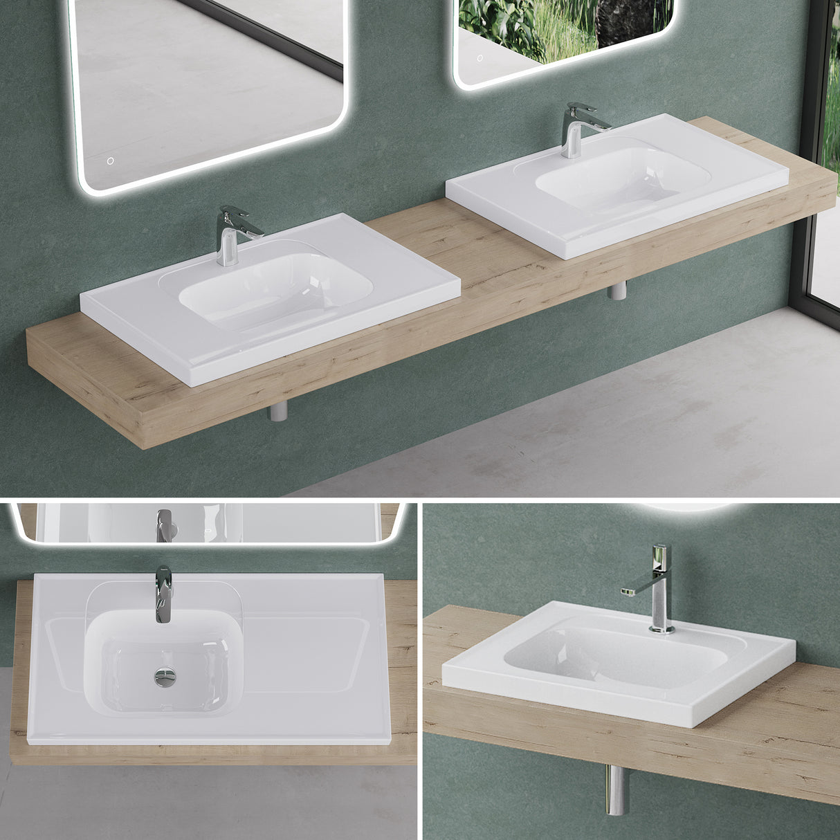 Lavabo encastré Glasvilla blanc brillant, meuble vasque rectangulaire en fonte minérale Col3601