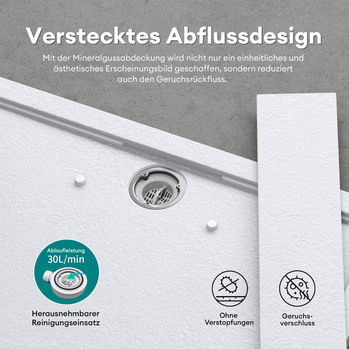 Receveur de douche Glasvilla en matériau minéral moulé, raccords DIN Geoma10