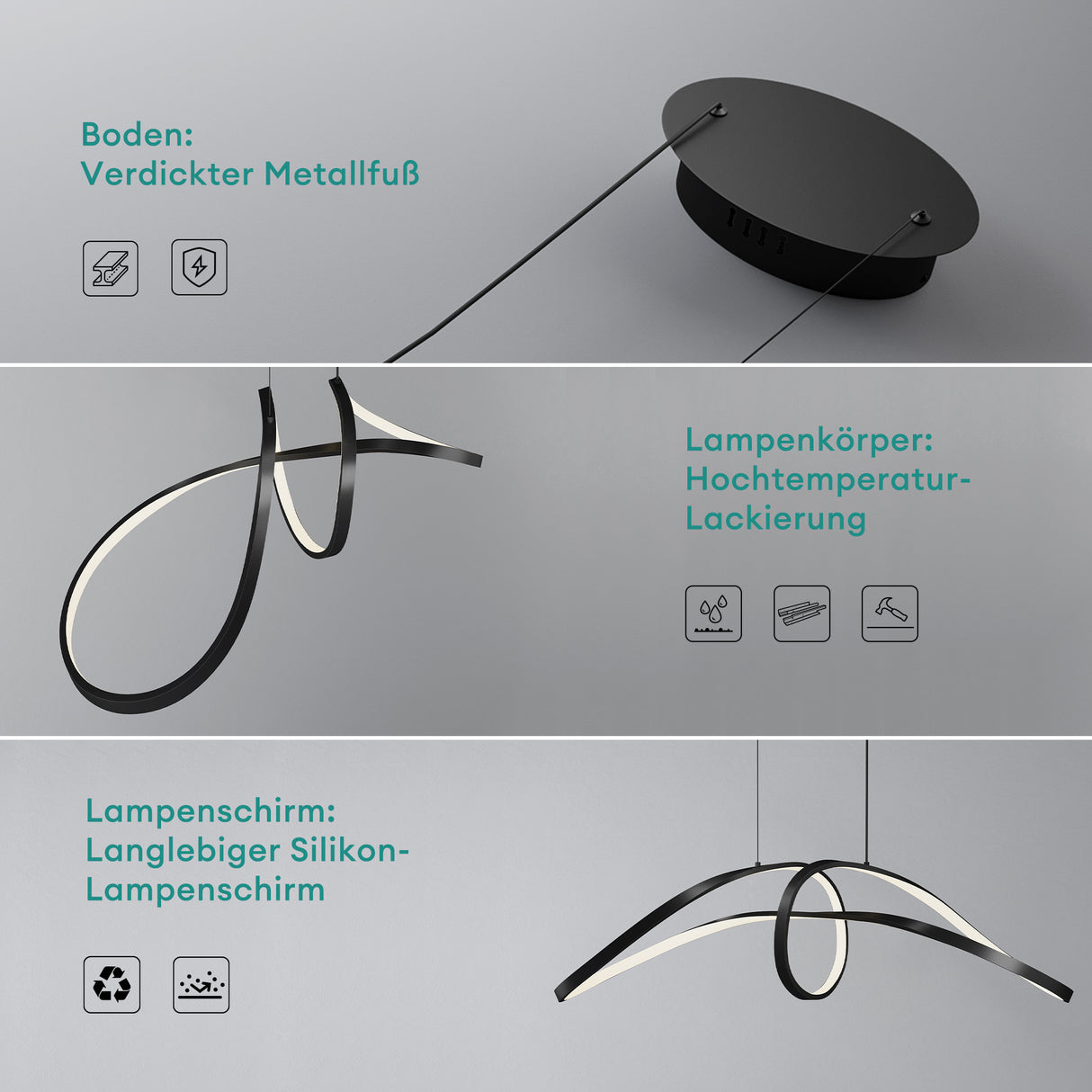 Suspension Glasvilla 90 cm, lampe LED suspendue, design ondulé dynamique, température de couleur réglable 3000K/4000K/6000K, câble 30W, noire, idéale pour salle à manger, salon ou chambre.