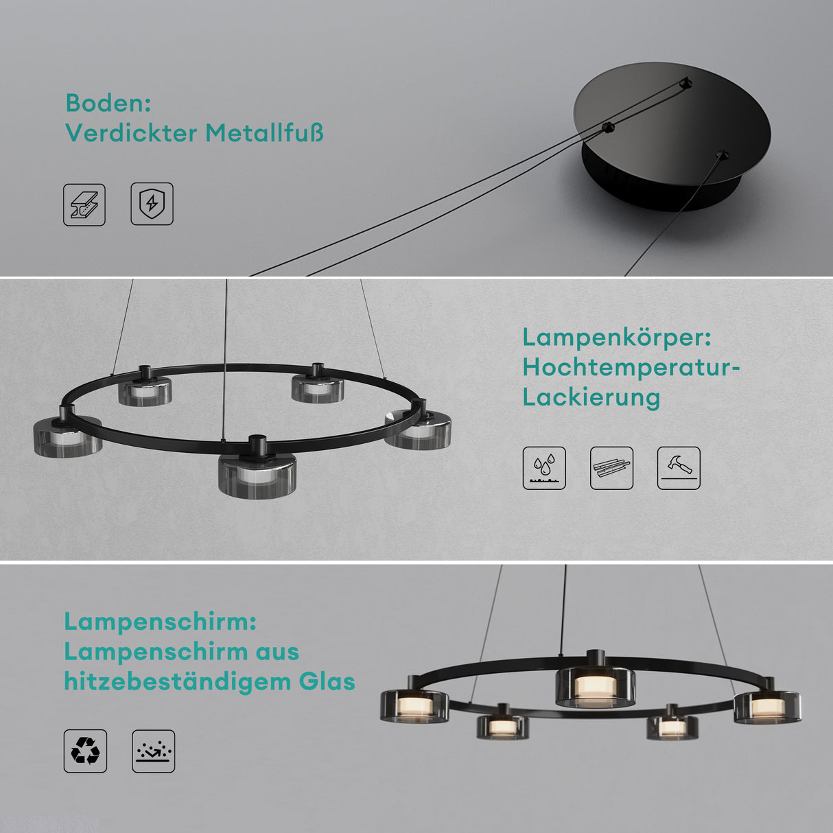 glasvilla Lampadario a Sospensione Temperature di Colore 3000K/4000K/6000K Lampada da Soffitto a Sospensione con Cavo Regolabile per Sala da Pranzo, Camera da Letto e Soggiorno