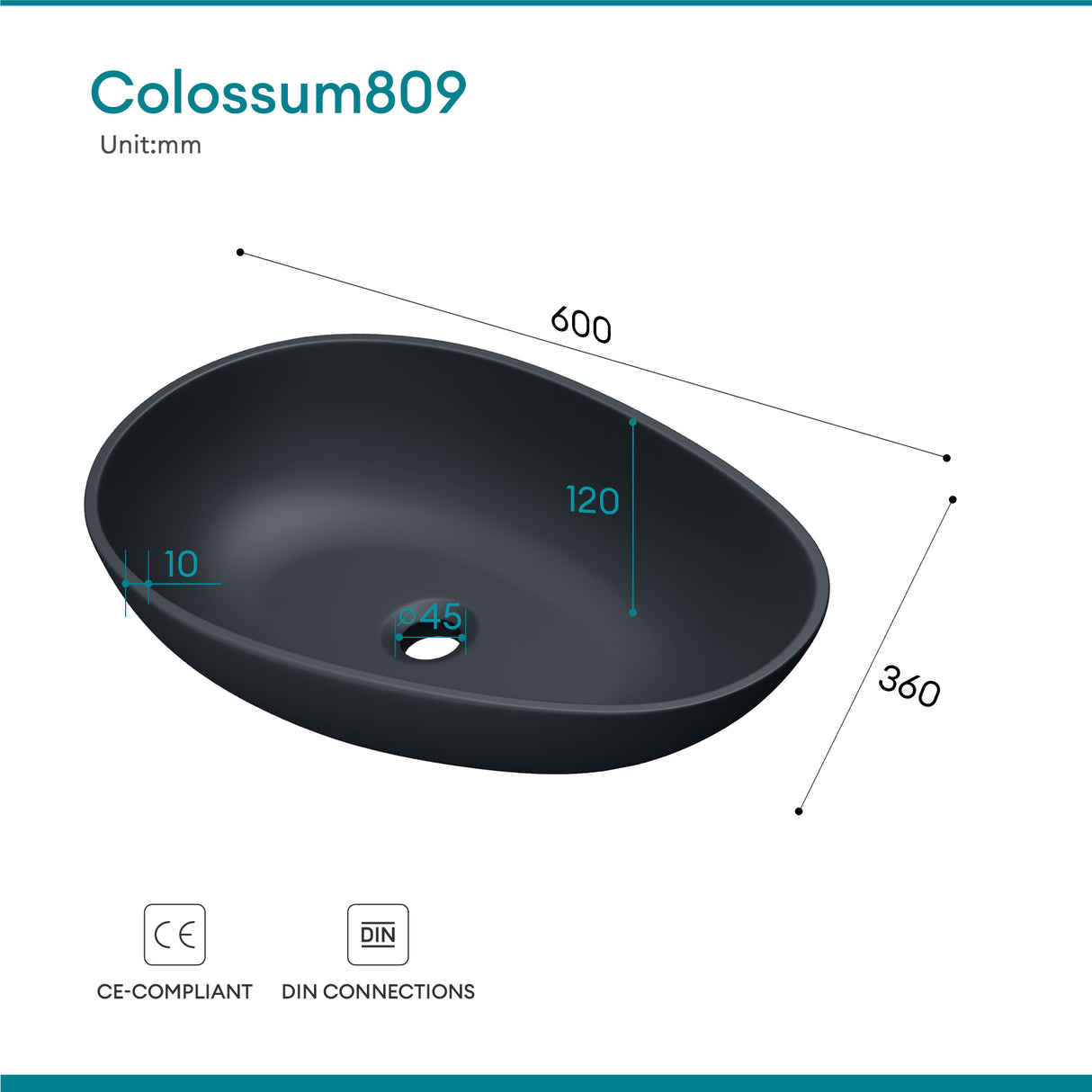 Vasque ovale à poser Glasvilla sans trou de robinetterie ni trop-plein Col809