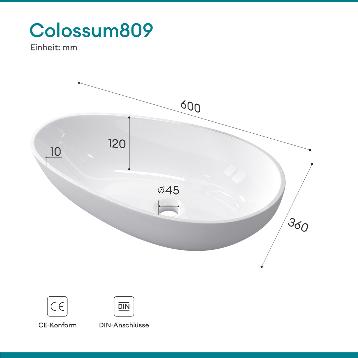 Vasque ovale à poser Glasvilla sans trou de robinetterie ni trop-plein Col809