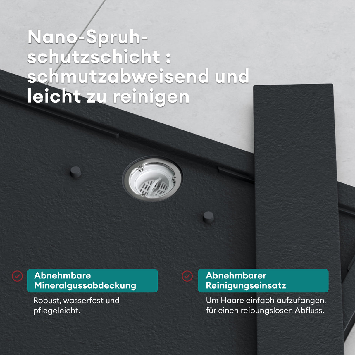 Receveur de douche Glasvilla en matériau minéral moulé, raccords DIN Geoma10