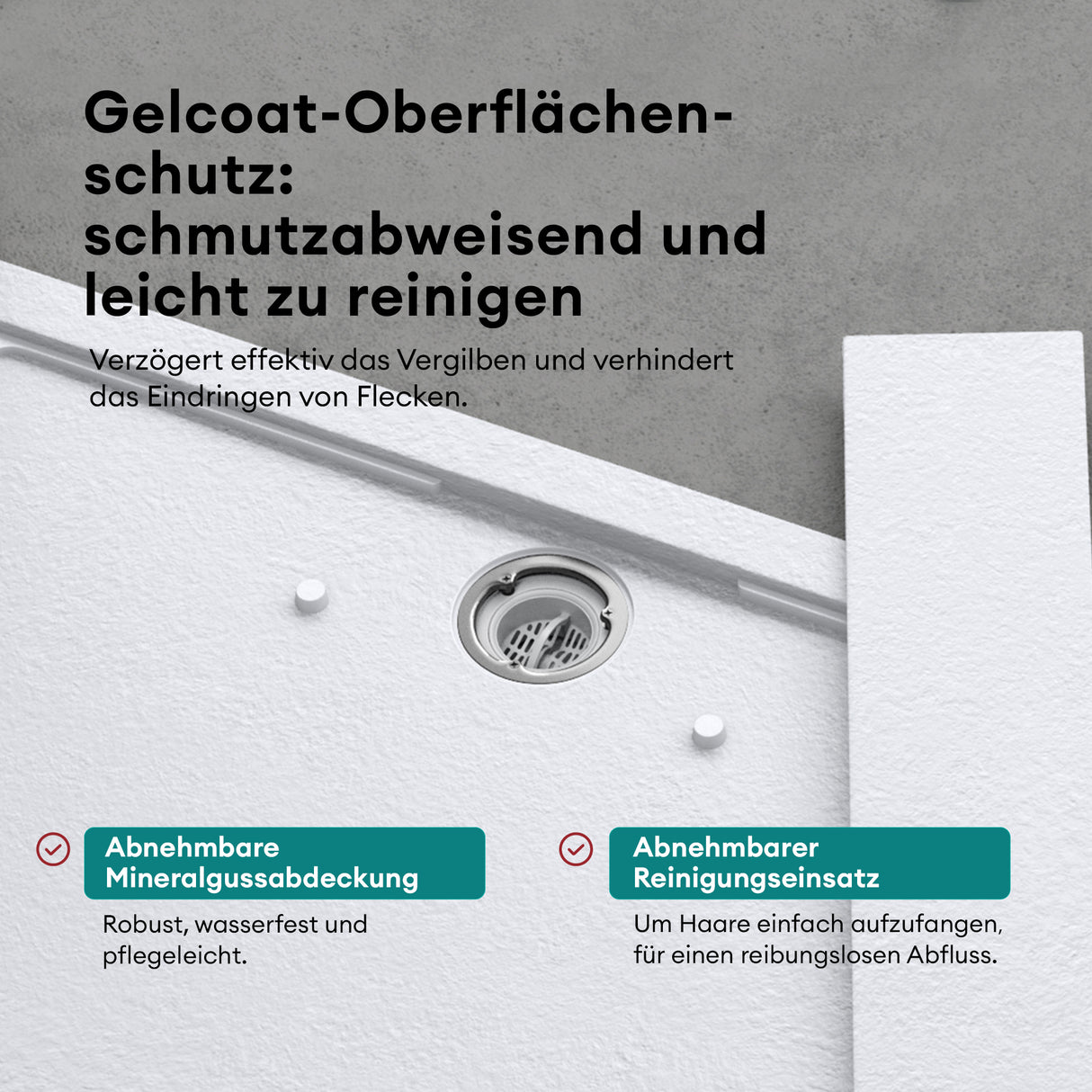 Receveur de douche Glasvilla en matériau minéral moulé, raccords DIN Geoma10