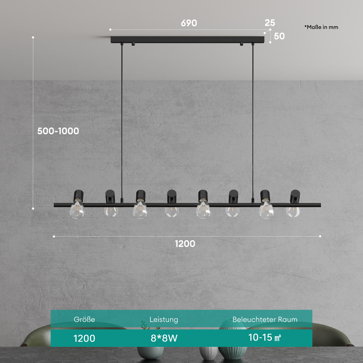 Suspension Glasvilla 120 cm, lampe LED suspendue 8 lumières 4000K, câble réglable E27, noire, idéale pour salle à manger, salon ou chambre.