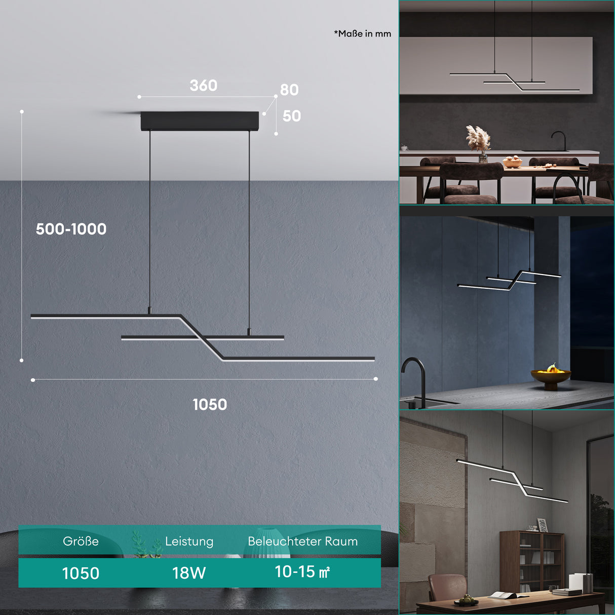 Suspension Glasvilla 105 cm, lampe LED suspendue au design linéaire, 3000K/4000K/6000K, câble réglable, 18 W, idéale pour salle à manger, salon ou chambre.
