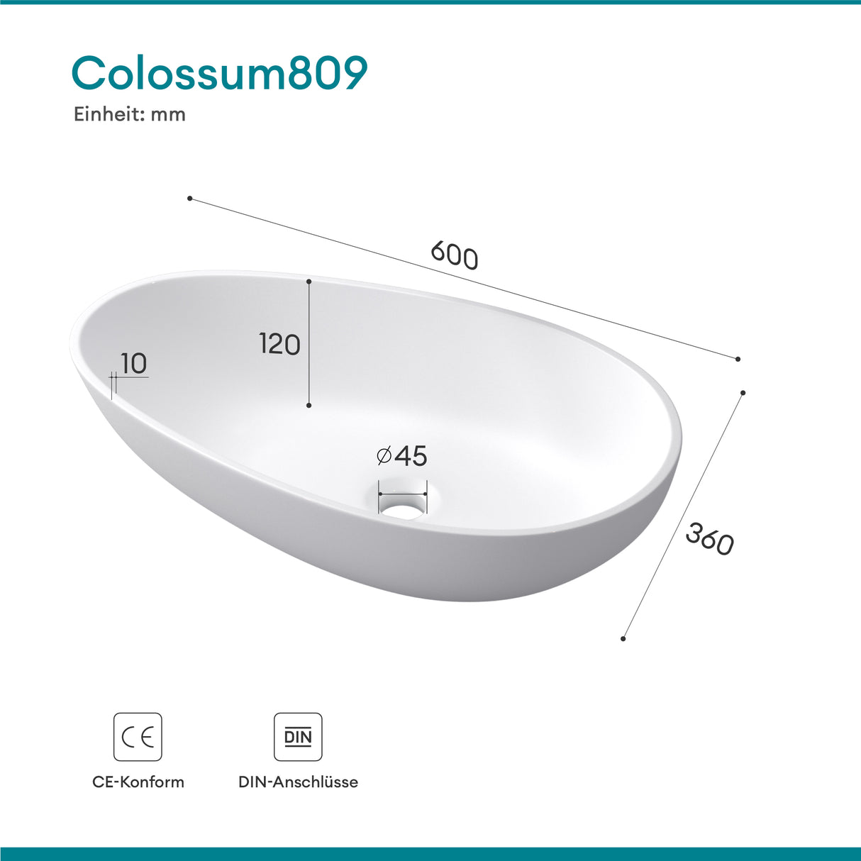 Vasque ovale à poser Glasvilla sans trou de robinetterie ni trop-plein Col809