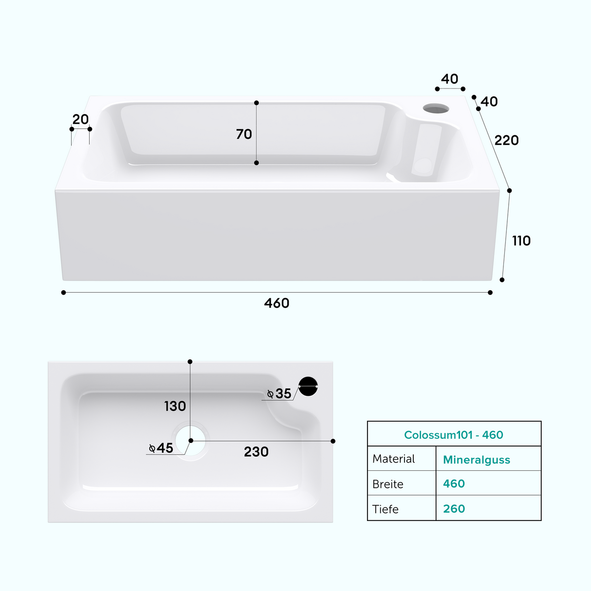 glasvilla Lavabo de invitados WC Lavabo de encimera con orificio para grifo 46x26x11cm Mineralguss Cuadrado Pequeño Cuenco de lavabo Espacio de lavabo Col101