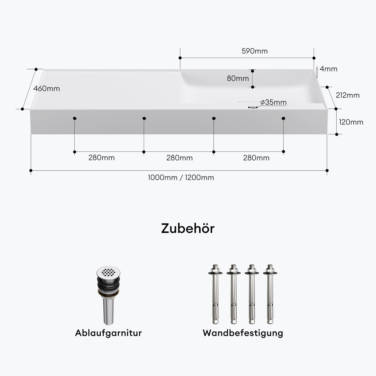Lavabo Glasvilla, lavabo à poser, lavabo suspendu, en fonte minérale, rectangulaire, meuble-lavabo Col630