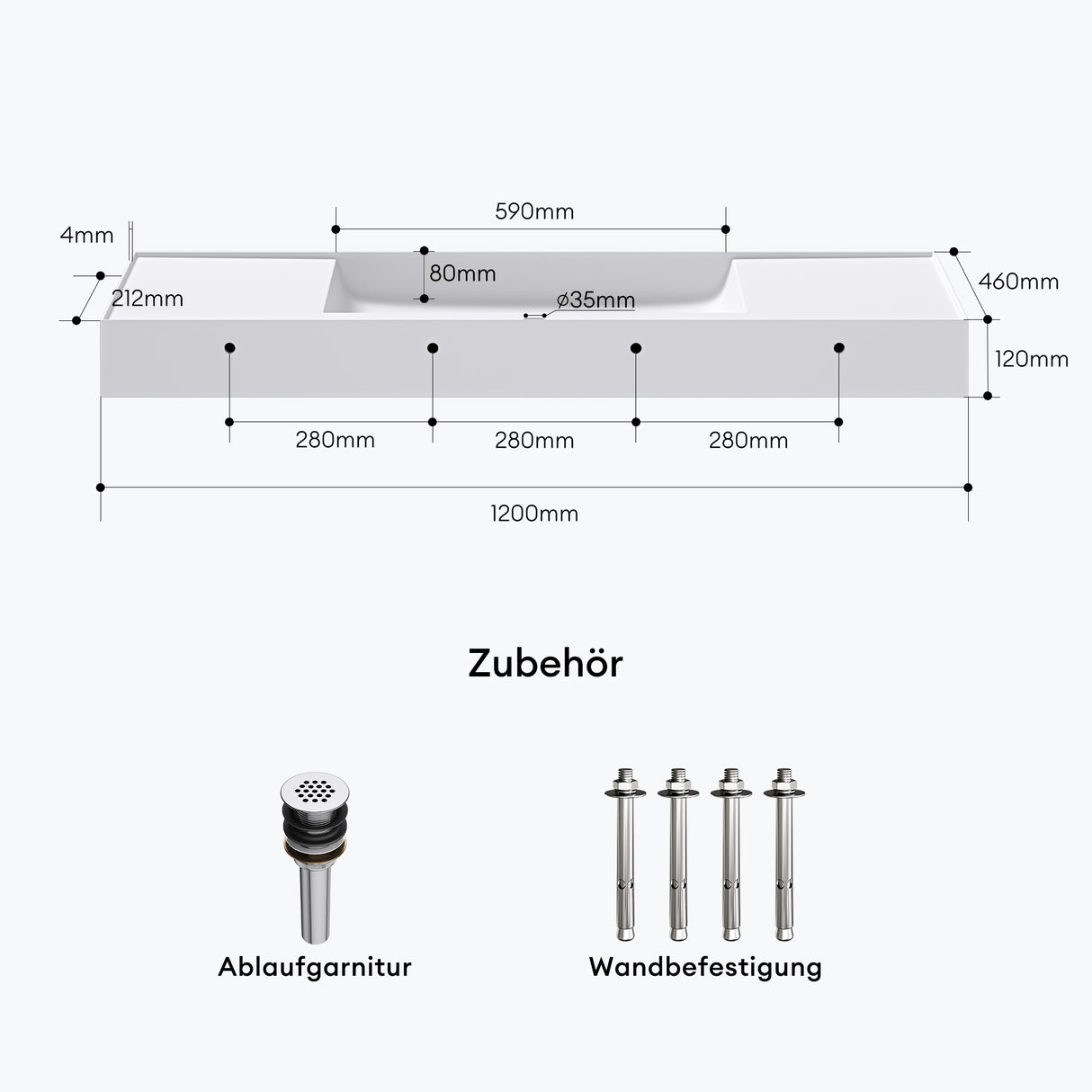Lavabo Glasvilla, lavabo à poser, lavabo suspendu, en fonte minérale, rectangulaire, meuble-lavabo Col630